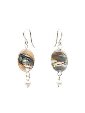 Sterling Silver Abalone & Grey Pearl Dangle Earrings 1 1/2 Inches
